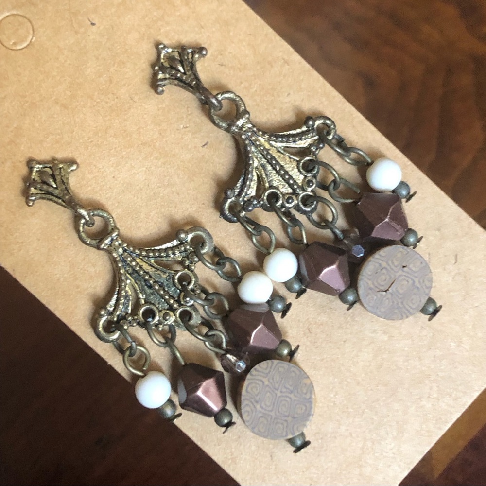 Vintage brass beaded dangle pierced earrings